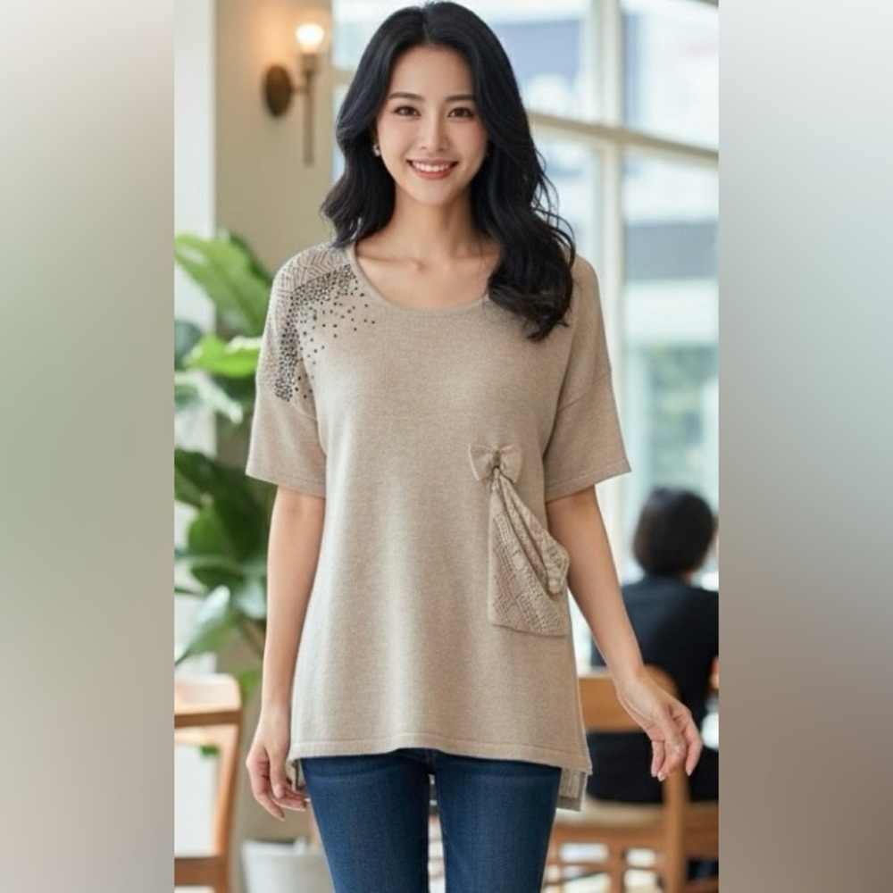 M&L beige shirt sleeved cotton/wool blend blouse, decorative pocket,round neck L